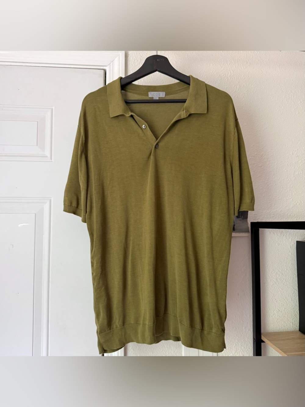 COS olive‎ green silk cotton men’s short sleeve polo knit shirt